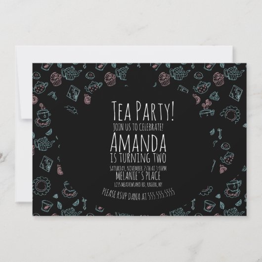 茶パーティー誕生日ドードルバックグラウンド招待状 招待状 (正面)