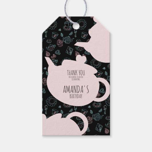 茶パーティー誕生日ドードルバックグラウンド ギフトタグ (正面)