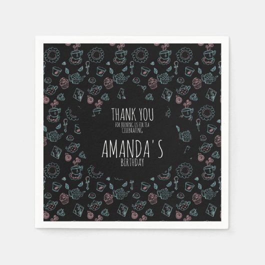 茶パーティー誕生日ドードルバックグラウンド スタンダードカクテルナプキン (正面)
