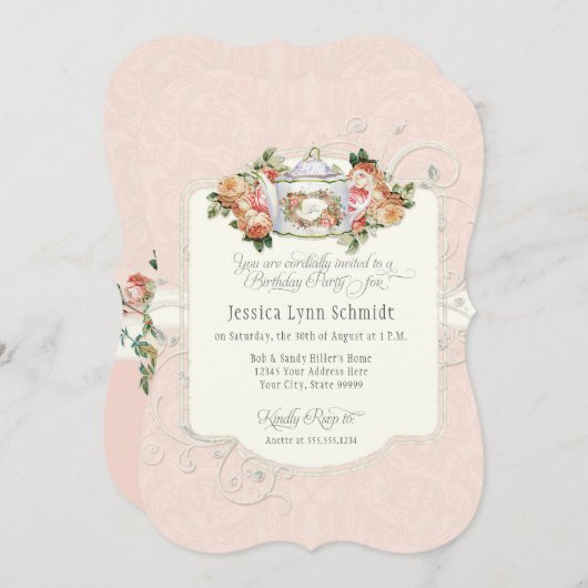 茶パーティー誕生日パーティーウォーター色のエレガントバラ 招待状 (正面/裏面)
