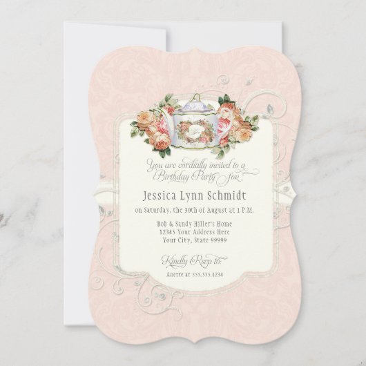 茶パーティー誕生日パーティーウォーター色のエレガントバラ 招待状 (正面)