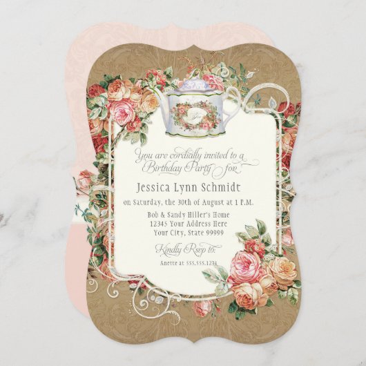 茶パーティー誕生日パーティーウォーター色金ゴールドフローラ 招待状 (正面/裏面)