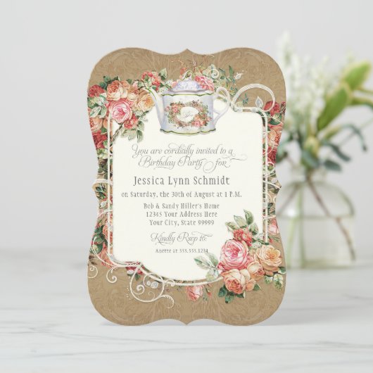 茶パーティー誕生日パーティーウォーター色金ゴールドフローラ 招待状 (スタンド正面)