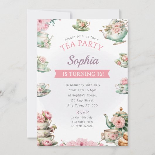 茶パーティー誕生日パーティー招待午後のお茶 招待状 (正面)