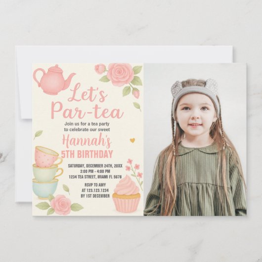 茶パーティー誕生日招待状とフローラ 招待状 (正面)