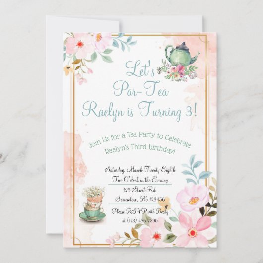 茶パーティー誕生日招待状 招待状 (正面)