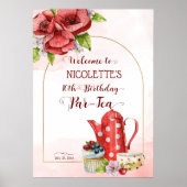茶パーティー誕生日水玉模様茶ポットウェルカムサイン ポスター (正面)