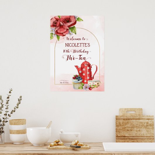 茶パーティー誕生日水玉模様茶ポットウェルカムサイン ポスター (キッチン)