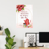 茶パーティー誕生日水玉模様茶ポットウェルカムサイン ポスター (ホームオフィス)