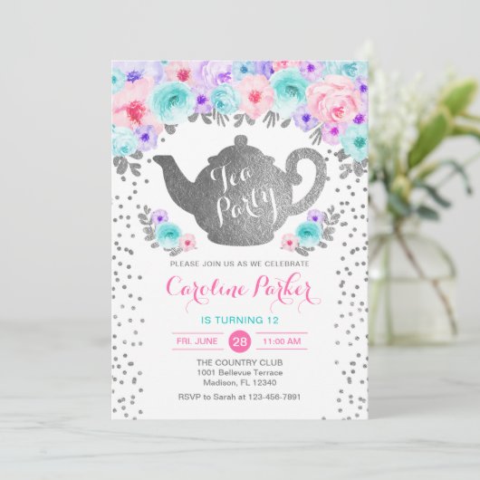 茶パーティー誕生日 – シルバーティール(緑がかった色)ピンクパープル 招待状 (スタンド正面)
