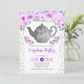 茶パーティー誕生日 – シルバーホワイトパープルフローラ 招待状 (スタンド正面)