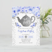 茶パーティー誕生日 – シルバーホワイトブルーフローラ 招待状 (スタンド正面)