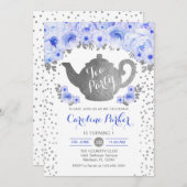 茶パーティー誕生日 – シルバーホワイトブルーフローラ 招待状 (正面/裏面)