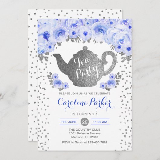 茶パーティー誕生日 – シルバーホワイトブルーフローラ 招待状 (正面/裏面)