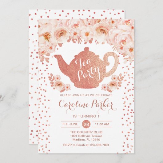 茶パーティー誕生日-バラ金ゴールドホワイトピンクフローラ 招待状 (正面/裏面)