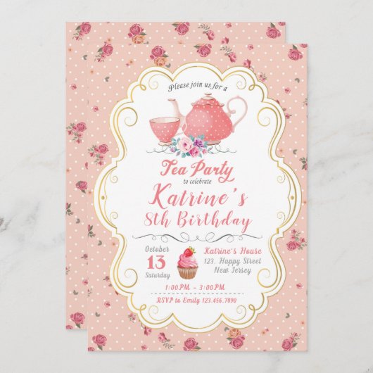 茶パーティー誕生日。茶パーティー赤ちゃんシャワー 招待状 (正面/裏面)