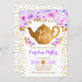 茶パーティー誕生日-金ゴールドホワイトパープル 招待状 (正面/裏面)