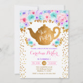 茶パーティー誕生日-金ゴールドホワイトピンクティール(緑がかった色)紫 招待状 (正面)