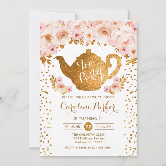 茶パーティー誕生日-金ゴールド白 招待状 (正面)