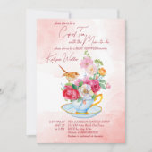 茶パーティー赤ちゃんシャワーティーカップ花ピンク 招待状 (正面)