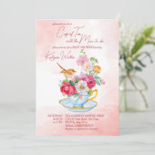 茶パーティー赤ちゃんシャワーティーカップ花ピンク 招待状 (スタンド正面)
