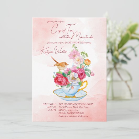茶パーティー赤ちゃんシャワーティーカップ花ピンク 招待状 (スタンド正面)