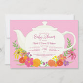 茶パーティー赤ちゃんシャワーティーポットピンクガール 招待状 (正面)