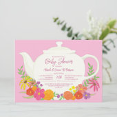 茶パーティー赤ちゃんシャワーティーポットピンクガール 招待状 (スタンド正面)