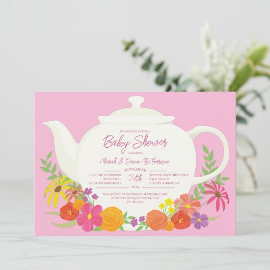 茶パーティー赤ちゃんシャワーティーポットピンクガール 招待状 (スタンド正面)