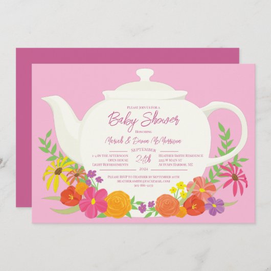 茶パーティー赤ちゃんシャワーティーポットピンクガール 招待状 (正面/裏面)