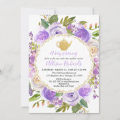 茶パーティー赤ちゃんシャワーパープルラベンダー薄紫フローラ 招待状 (正面)