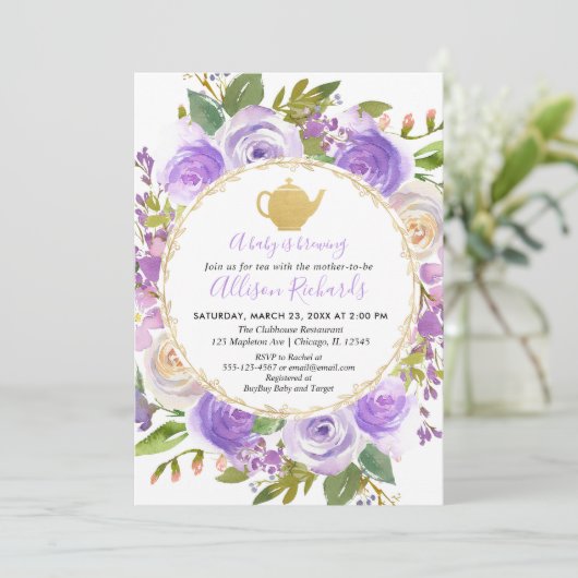 茶パーティー赤ちゃんシャワーパープルラベンダー薄紫フローラ 招待状 (スタンド正面)