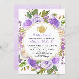 茶パーティー赤ちゃんシャワーパープルラベンダー薄紫フローラ 招待状