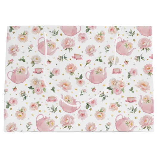 茶パーティー赤ちゃんシャワーピンクフローラ大抱き枕 ラージペーパーバッグ (正面)