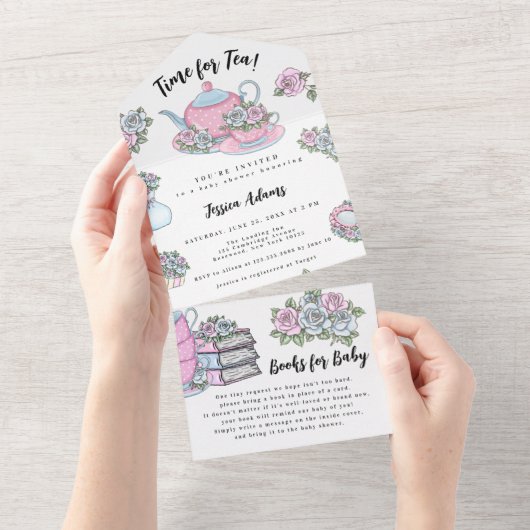 茶パーティー赤ちゃんシャワーブルーとピンク オールインワン招待状 (貼ってはがせる)