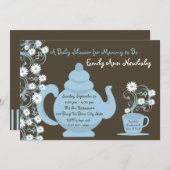 茶パーティー赤ちゃんシャワーブルーとブラウン 招待状 (正面/裏面)