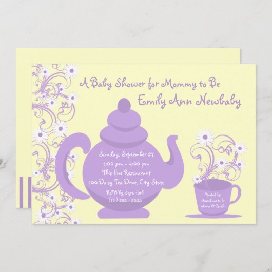 茶パーティー赤ちゃんシャワー紫と黄色 招待状 (正面/裏面)