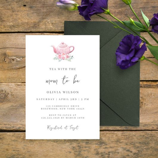 茶パーティー赤ちゃんミニマルシャワーピンクティーポット 招待状