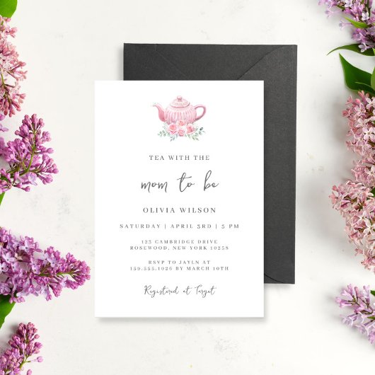 茶パーティー赤ちゃんミニマルシャワーピンクティーポット 招待状