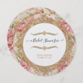 茶パーティー赤面ピンクフローラ金ゴールドブライダルシャワー 招待状 (正面/裏面)