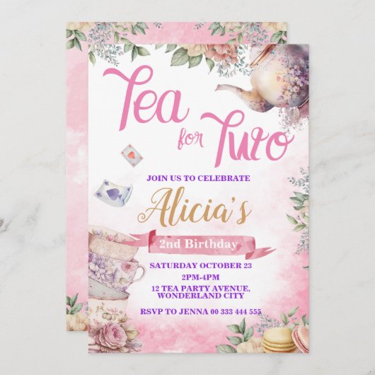 茶パーティー2回目の誕生日、ティータイムパーティー 招待状 (正面/裏面)