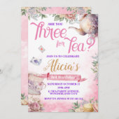茶パーティー3歳の誕生日、ティータイムパーティー 招待状 (正面/裏面)