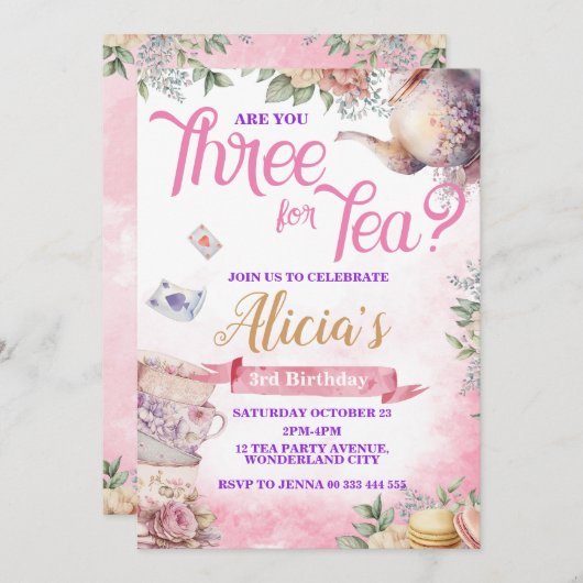 茶パーティー3歳の誕生日、ティータイムパーティー 招待状 (正面/裏面)