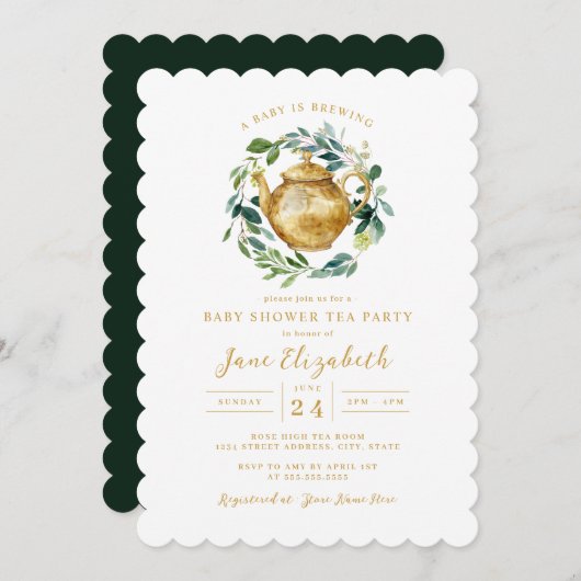 茶パーティーAベビーは赤ちゃんシャワーを醸造している 招待状 (正面/裏面)