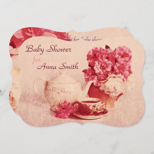 茶ビクトリアンパーティーの少女シャワー招待状 招待状 (正面/裏面)