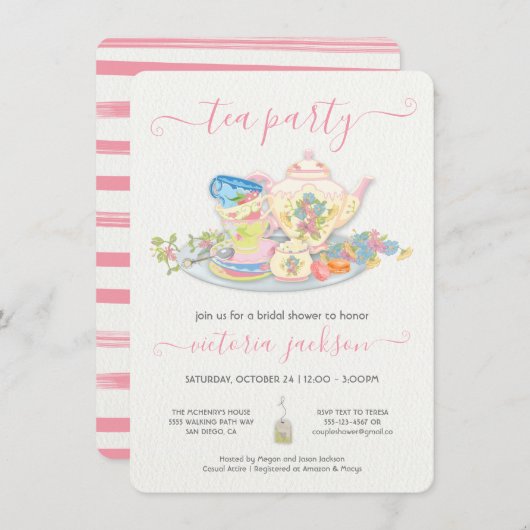 茶ファンシーパーティー誕生日ブライダルシャワー 招待状 (正面/裏面)