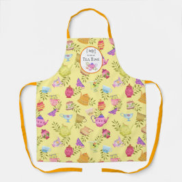 茶ポットとカップイエローオールオーバープリントエプロン エプロン