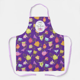 茶ポットとカップパープルオールオーバープリントエプロン エプロン