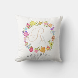 茶ポットとカップモノグラムホワイト クッション