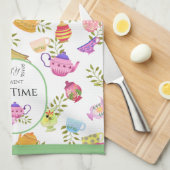 茶ポットとカップ白 キッチンタオル (四つ折り)